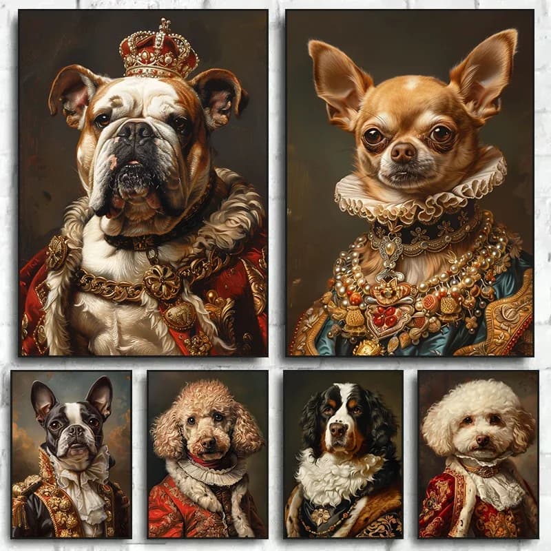 Bulldog francese Chihuahua Cani Ritratto reale Stampa su tela Poster artistici Cani divertenti Ritratto Vintage Wall Art Murale per la casa Dicembre