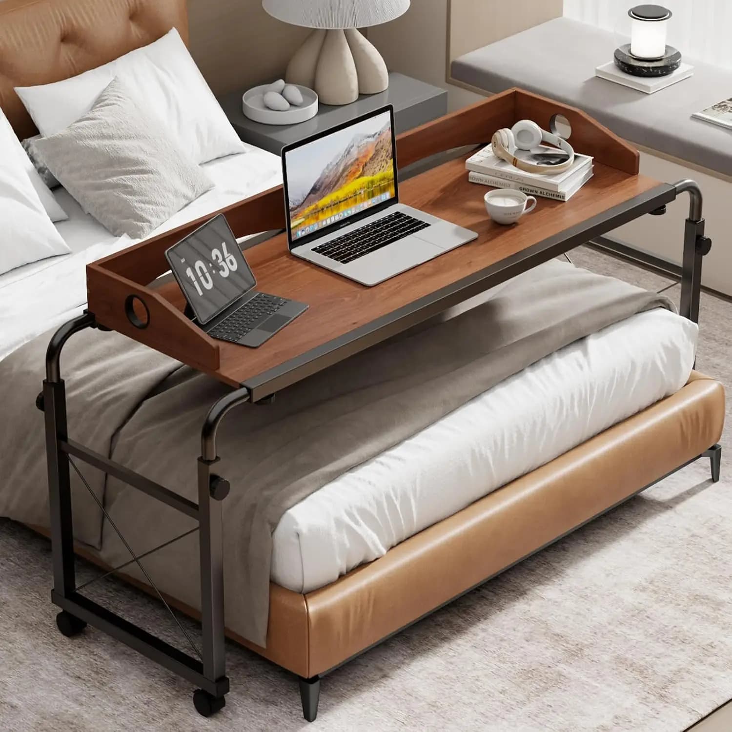 Laptop Desk For Bed Adjustable Height And Length Laptop Bed Table Overbed Table With Wheels For Queen Size Beds Rolling Standing Desk Over Bed Table For Working Reading Eating Black