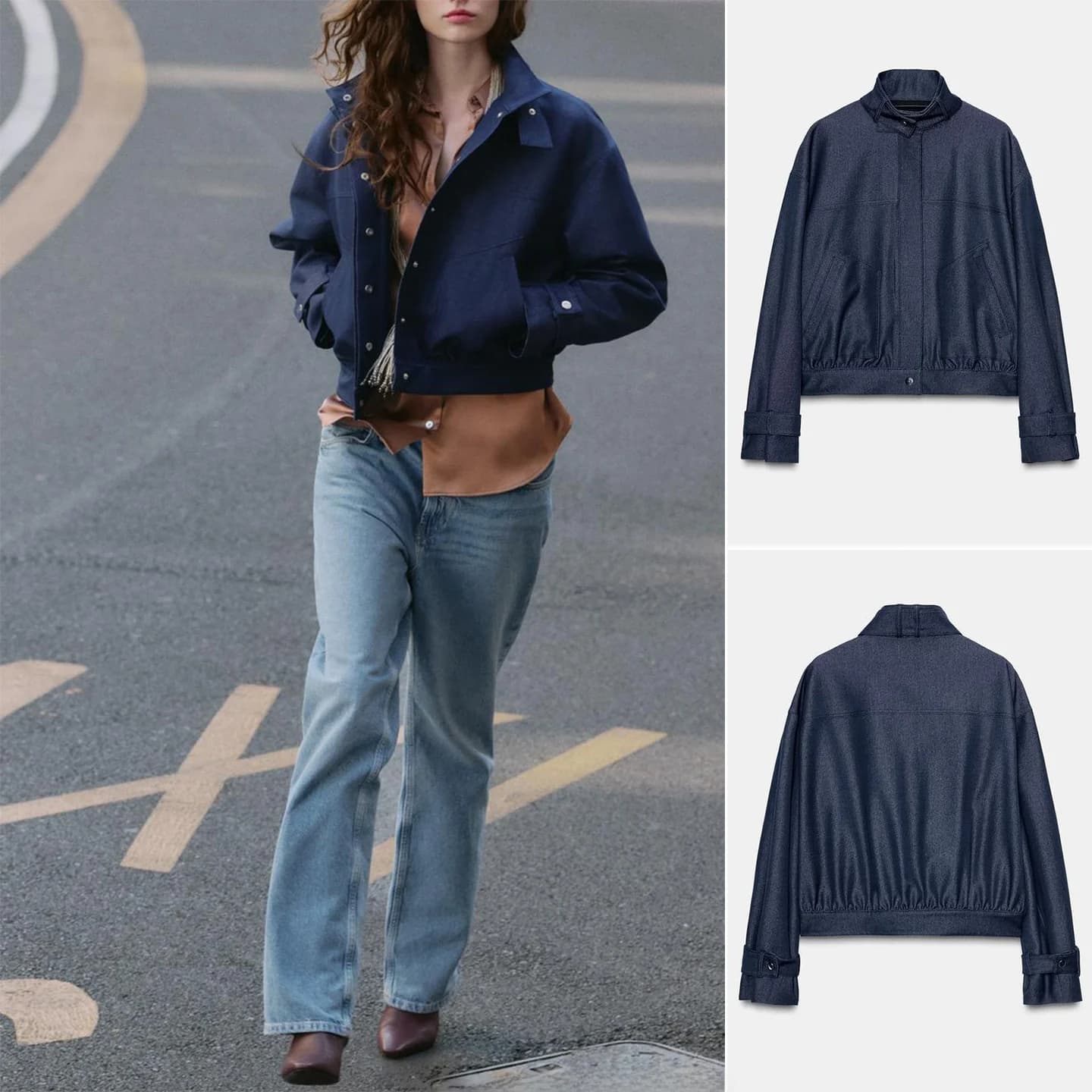 Autumn Winter New Women's Casual Style Long Sleeve Stand Collar Pilot Jacket Coat with Hem Pleating Decorations Short Length