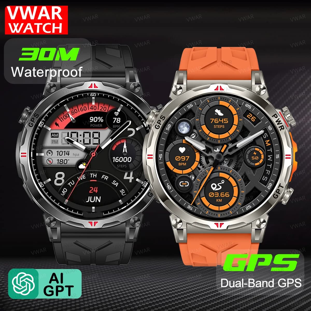 VWAR GPS Astuto Della Vigilanza Degli Uomini 30m Bussola Impermeabile GPS Smartwatch Chiamata Bluetooth 1.56 "Schermo AMOLED Grado Militare Smartwatch 2025