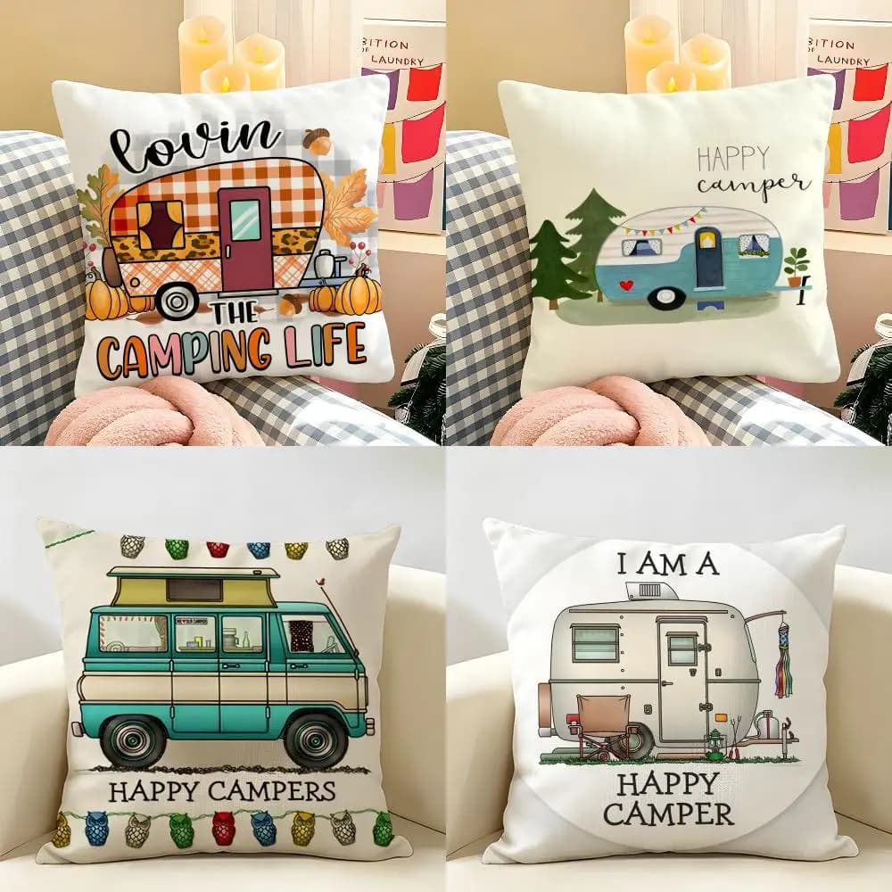 Happy Camping RV Camper Car Cushion Cover Natural Linen Organic Fabric Double-Sided Printing Room Sofa Decor Pillow Case
