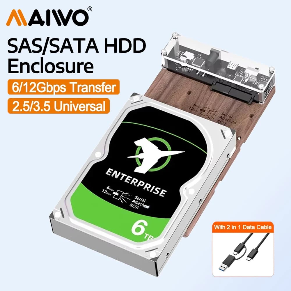 MAIWO Custodia USB C SAS HDD/SSD per disco rigido esterno SAS SATA HDD SSD da 2,5/3,5 pollici USB 3.1 con alimentazione 12V