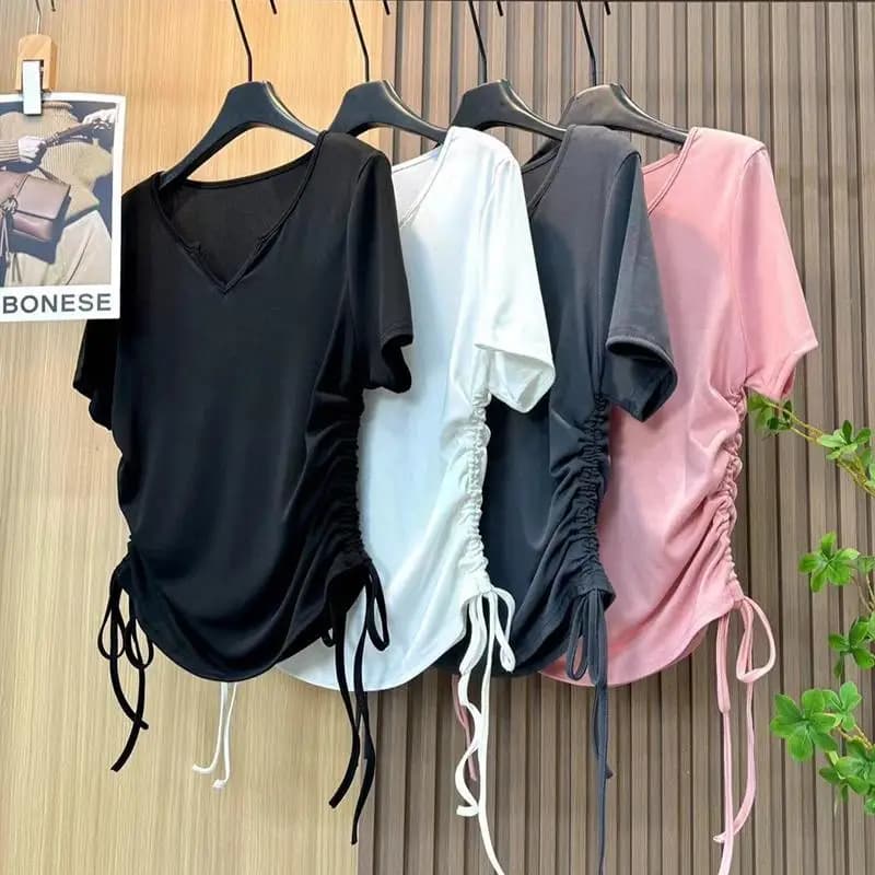 2026 Summer New Plus Size Women Tops V Neck Short Sleeve Drawstring Hem Loose Solid Casual T Shirt Basic Tee My Body My Choice