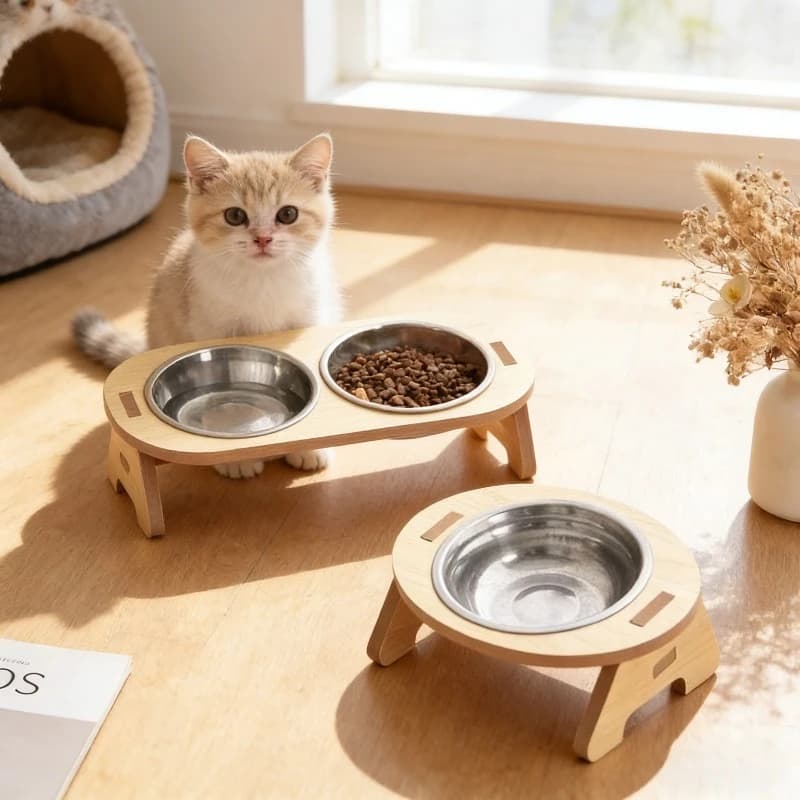 Ciotola per Cani in Legno con Supporto, Accessori per Animali Domestici, Ciotole Antiribaltamento, Doppia Ciotola per Gatti, Essenziale per la Cura degli Animali Domestici