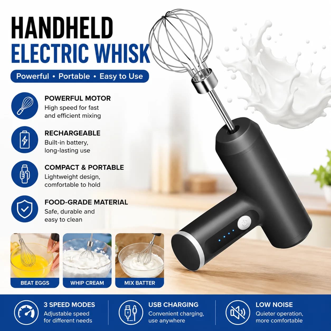Wireless Portable Electric Food Mixer Automatic Whisk Dough Egg Beater Baking Cake Cream Whipper Kitchen Tool