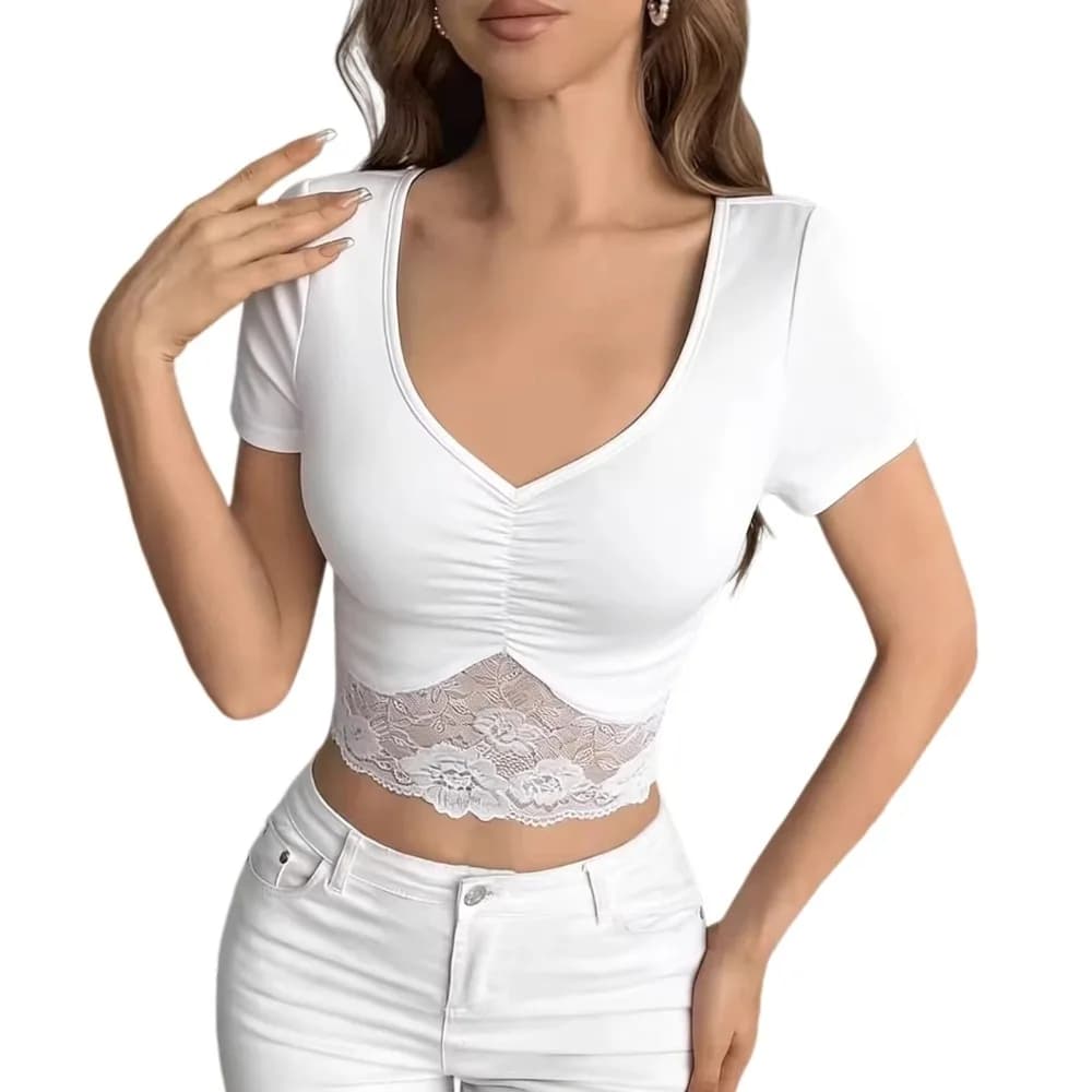 Stitching Pleated Women's Lace Short Sleeve Lounge Wear Clothing Base Layer Shirt Hot Lace Floral T-Shirt Lace Flower