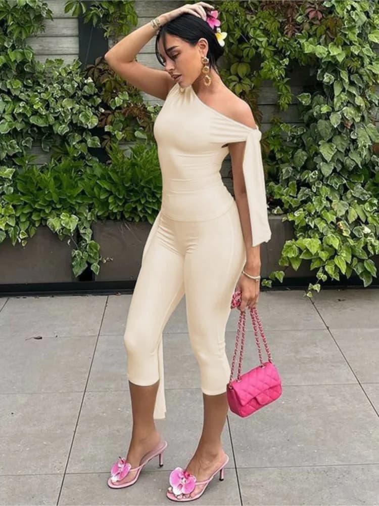 2026 Bodycon new In Matching Sets 2 Pieces Set For Woman Two Piece Outfit Women's Clothes Temperament Slim Slant Collar Leace-up