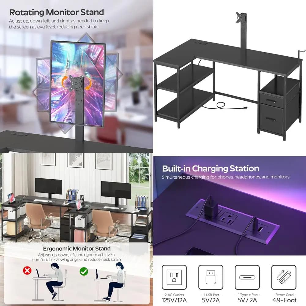 Scrivania da Gaming a L con Supporto Monitor Regolabile, in Tessuto e Metallo, Perfetta per Ufficio Domestico, Soggiorno, Nera