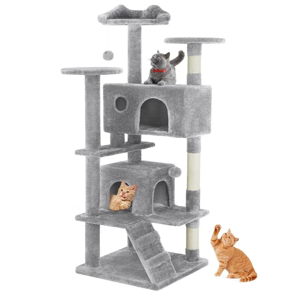 Torre per Gatti da 54 Pollici, Torre Multilivello con Tiragraffi, Cuccia per Gatti da Interno con Scala, Giocattolo in Peluche, Casetta Gioco