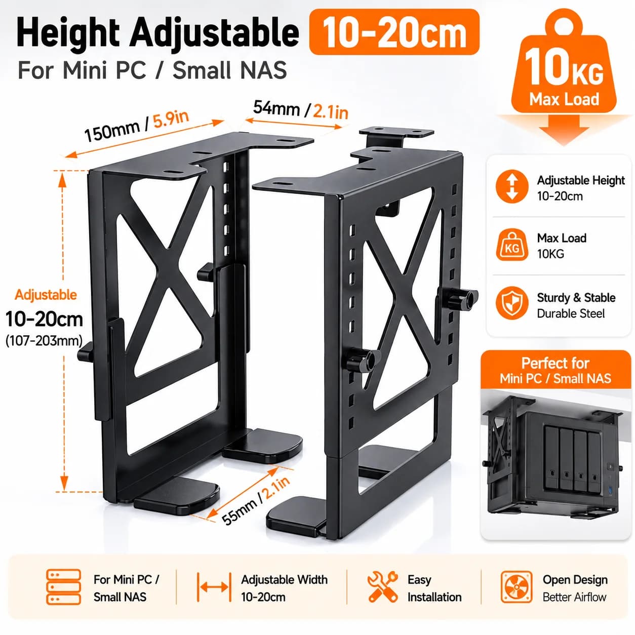 Adjustable Under Desk CPU Mount Metal PC Case Holder NAS Storage Bracket Space Saving Computer Stand