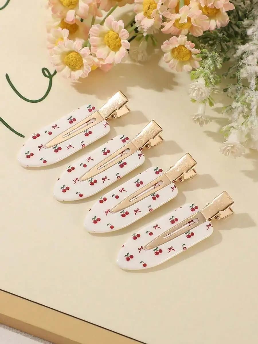 4pcs Cherry Print Hair Clips For Women Stylish Barrettes Casual Side Bangs Accessories