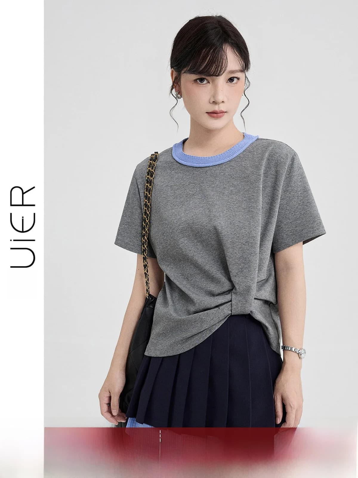 Elegant Casual Short Sleeve T-Shirt Women's Loose Fit Asymmetrical Hem Summer Color Block Pleated Slimming Top by Guier