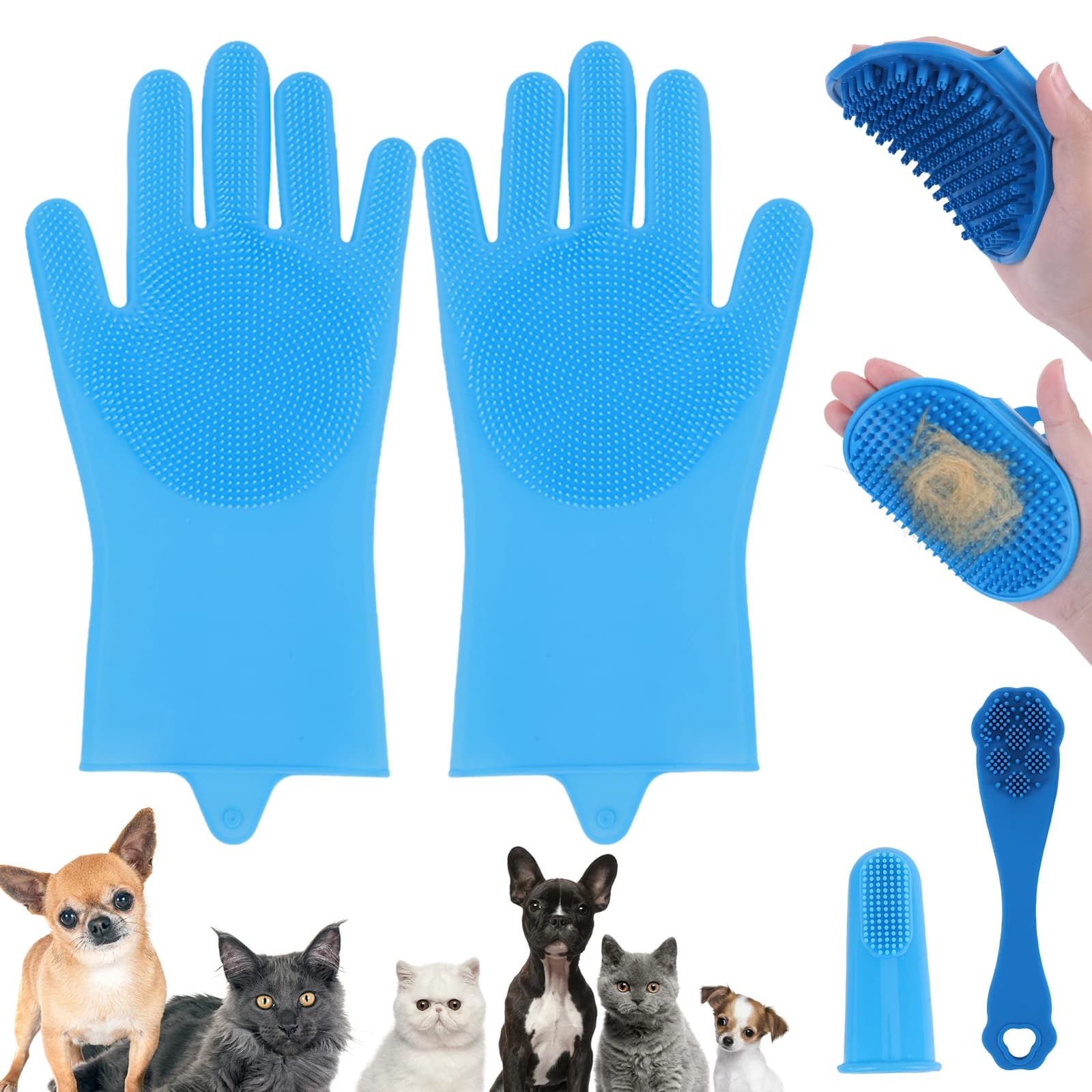 Set da 6 Pezzi per la Toelettatura degli Animali Domestici: Spazzola in Silicone per il Bagno del Cane, Spazzolino da Denti per Cani, Spazzola a Dito per Shampoo, per il Bagno e il Massaggio di Cani e Gatti