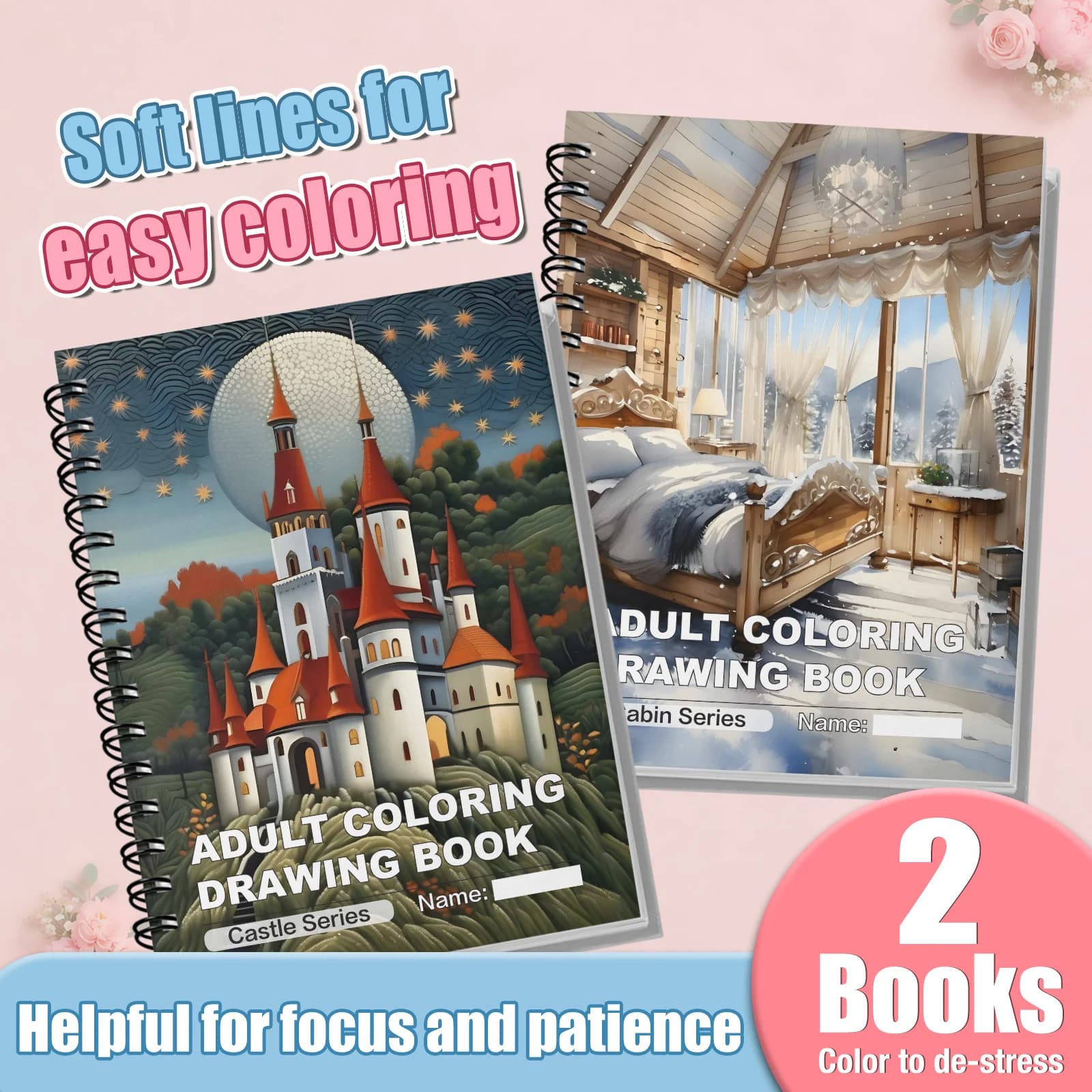 Castle & Cabin Adult Coloring Book Set 2-Pack: Top Spiral Bound Fantasy Coloring Drawing Books, 8.27 x 8.27 in, 30 Pages Each