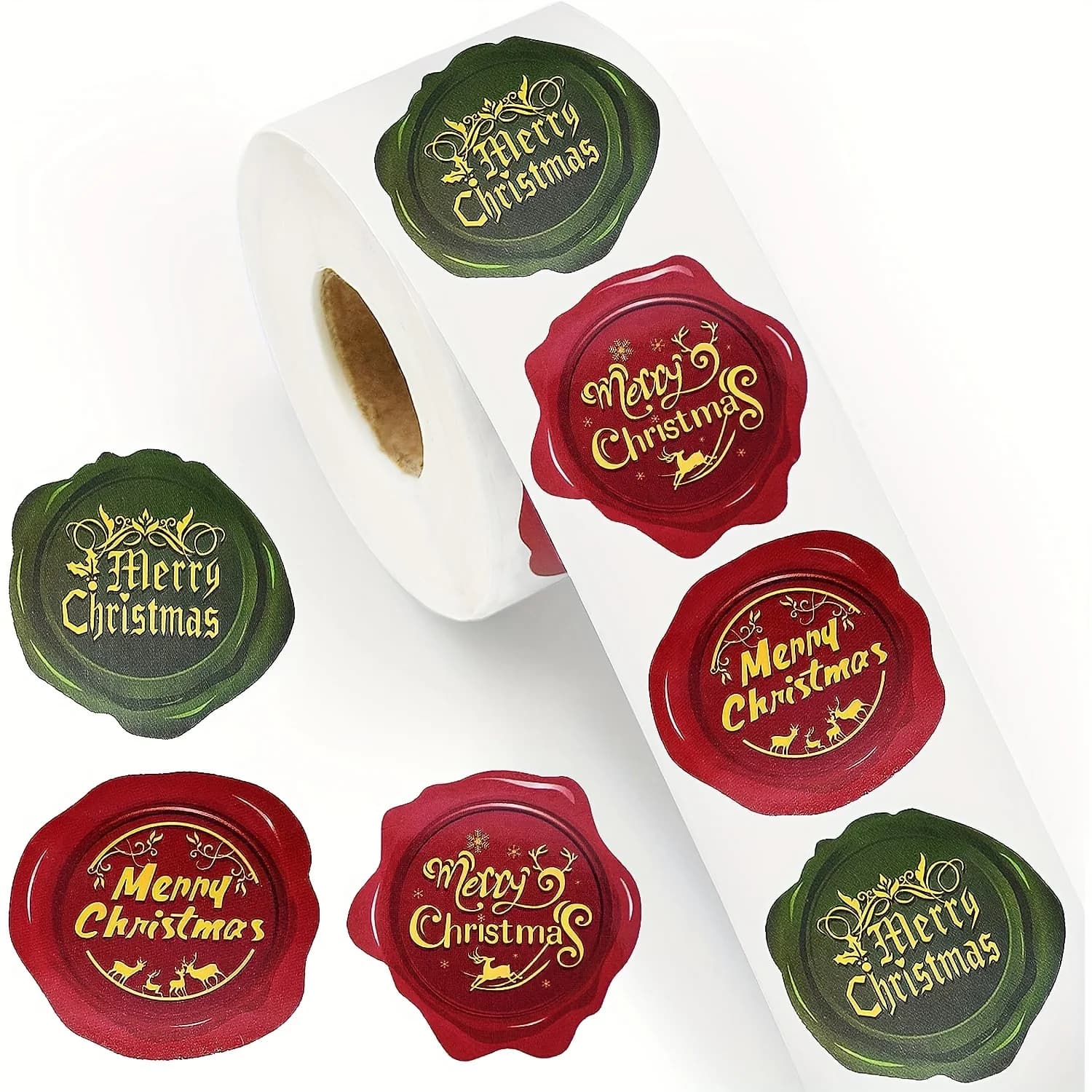 500 1.5-inch Christmas Sticker Rolls - Mixed Wax Seal Style "Merry Christmas" Labels for Greeting Cards, Envelope Seals, Gift Gi
