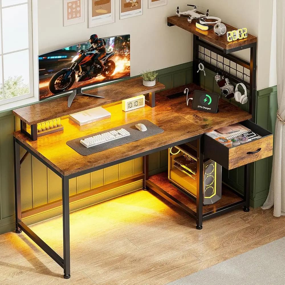 Scrivania da Gaming Rustica Marrone 40 con Luci LED, Prese di Corrente, Spazio di Archiviazione e Supporto Monitor per Ufficio Domestico o Soggiorno