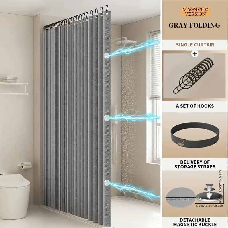 Tenda da doccia pieghevole moderna grigia con ganci, design ondulato, poliestere resistente, lavabile in lavatrice, tenda divisoria per la privacy del bagno