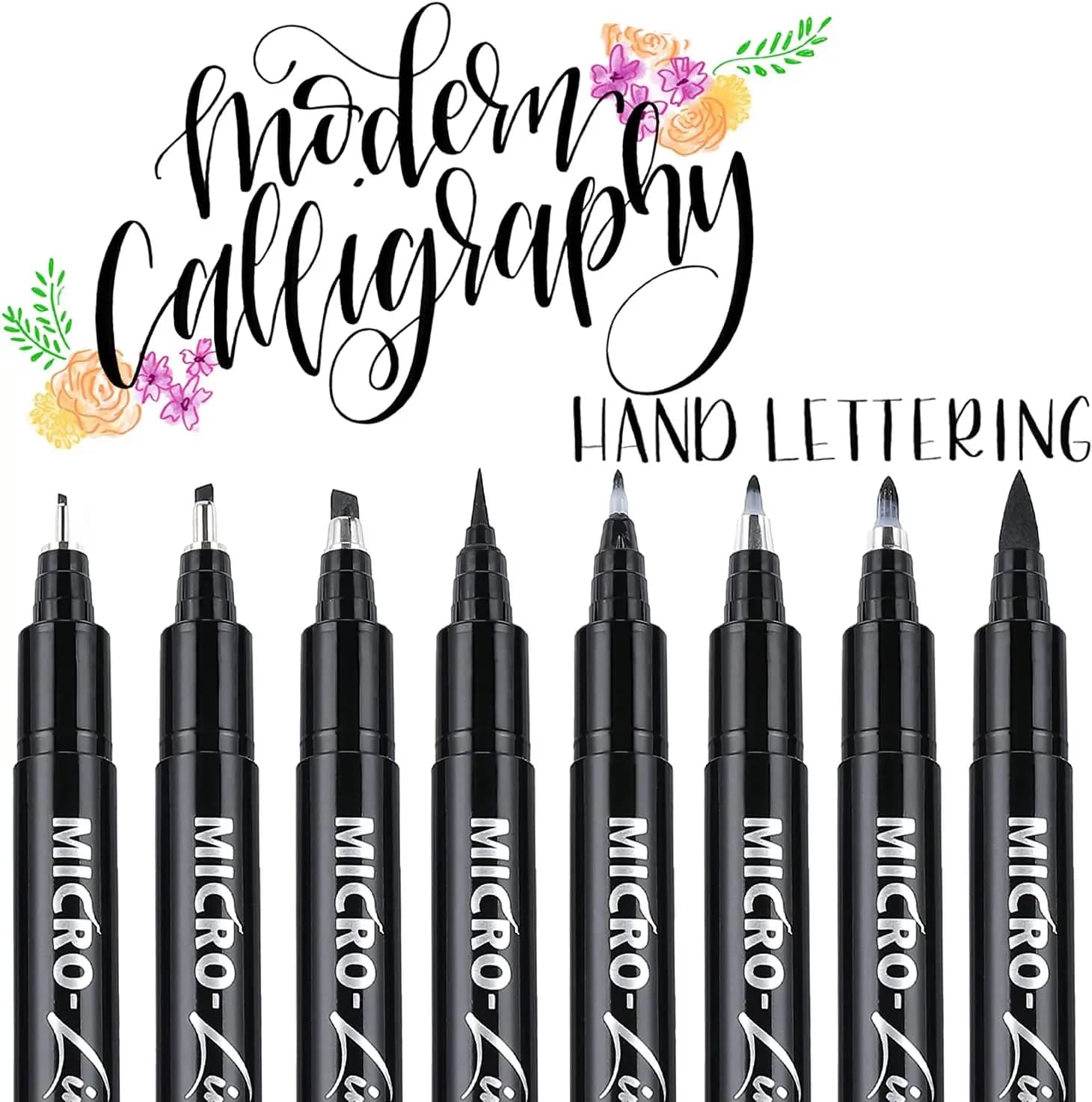 Set di Penne per Lettering, Pennarelli per Calligrafia per Principianti, 8 Misure, Inchiostro Nero, Strumenti per Disegno Artistico