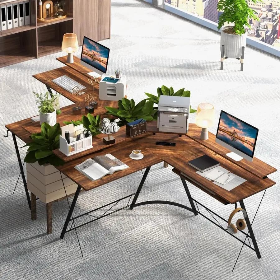 L-shaped computer desk with power outlet, 51-angle computer workstations with monitor support, keyboard tray, headphone hook, Er