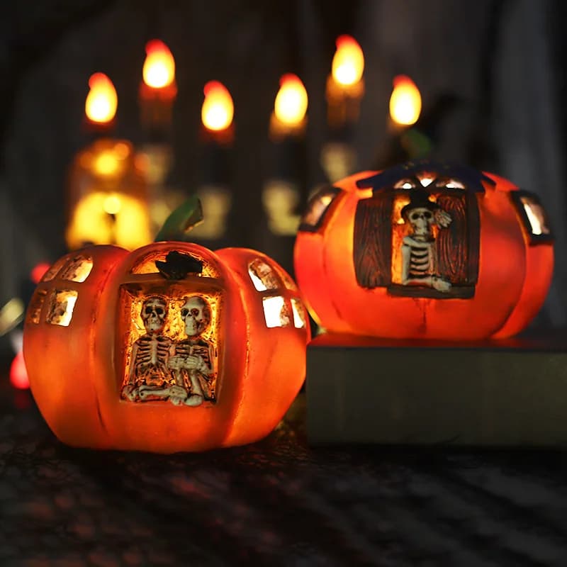 Halloween LED Pumpkin Figure Lights Horror Skull Ghost Holding Candle Lamp Happy Party Decoration Home Haunted House Ornaments