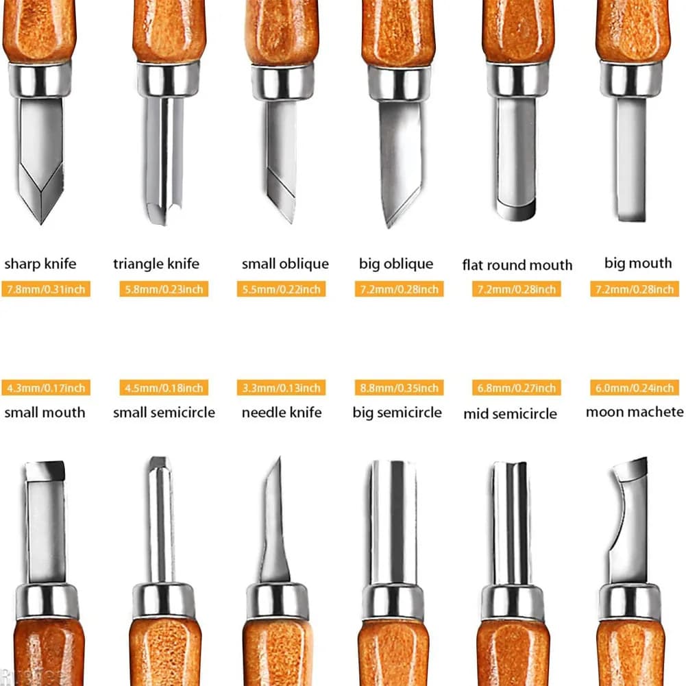 12Pcs SK2 Woodworking Carving Tools Set, Wooden Handle Art Knives with Bag & Whetstone HRC62 for DIY Craft Making