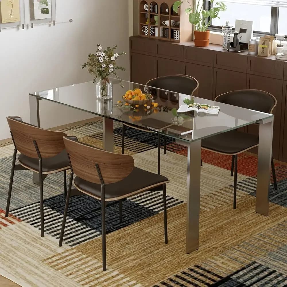 Tavolo da Pranzo in Vetro Temperato Trasparente per 6-8 Persone, Gambe in Metallo Moderne, Design Minimalista per Cucina e Sala da Pranzo