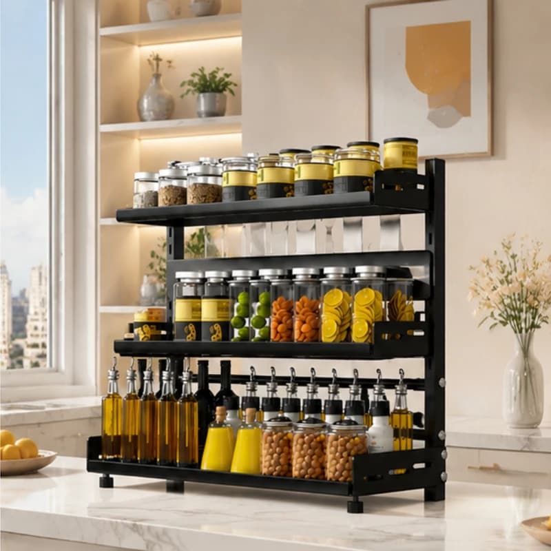 50CM Adjustable 3-Tier Black Metal Shelf, Countertop & Cabinet Organizer, Sturdy Multi-Layer Storage Rack for Home, Office