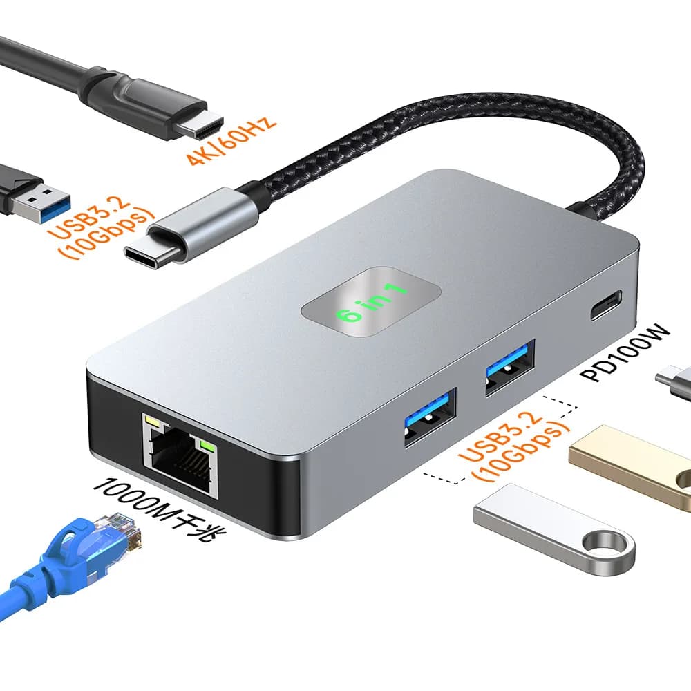 Docking station USB-C da tipo C a USB 3.2 4K60 HZ RJ45 Ethernet Splitter Lettore di schede SD/TF PDW100W per giochi
