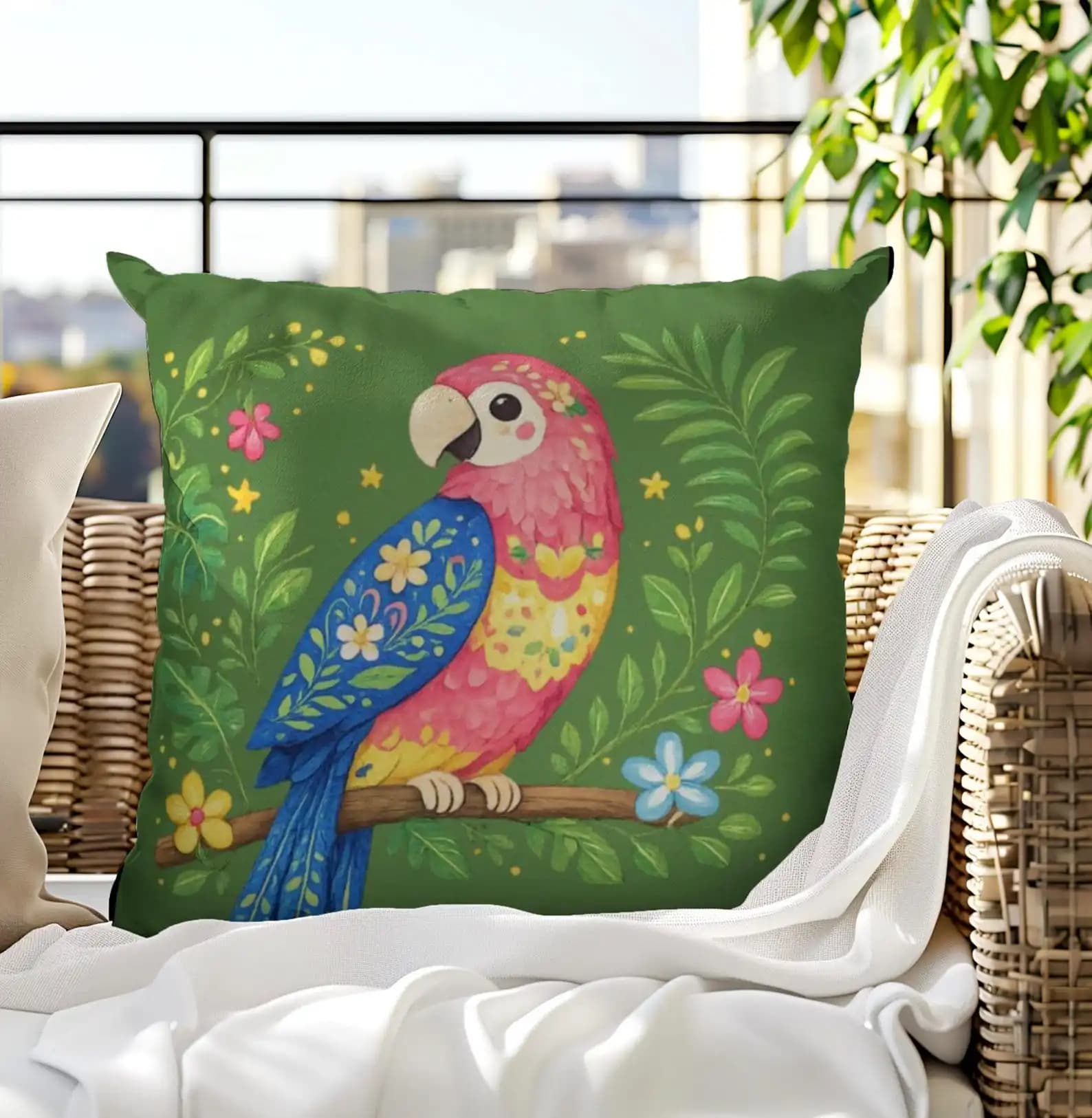 Folk Art Parrot Pillow Cover Jungle Room Decor Whimsical Animal Cushion Case Comfortable for Indoor Sofa Home Decor Pillow Cover