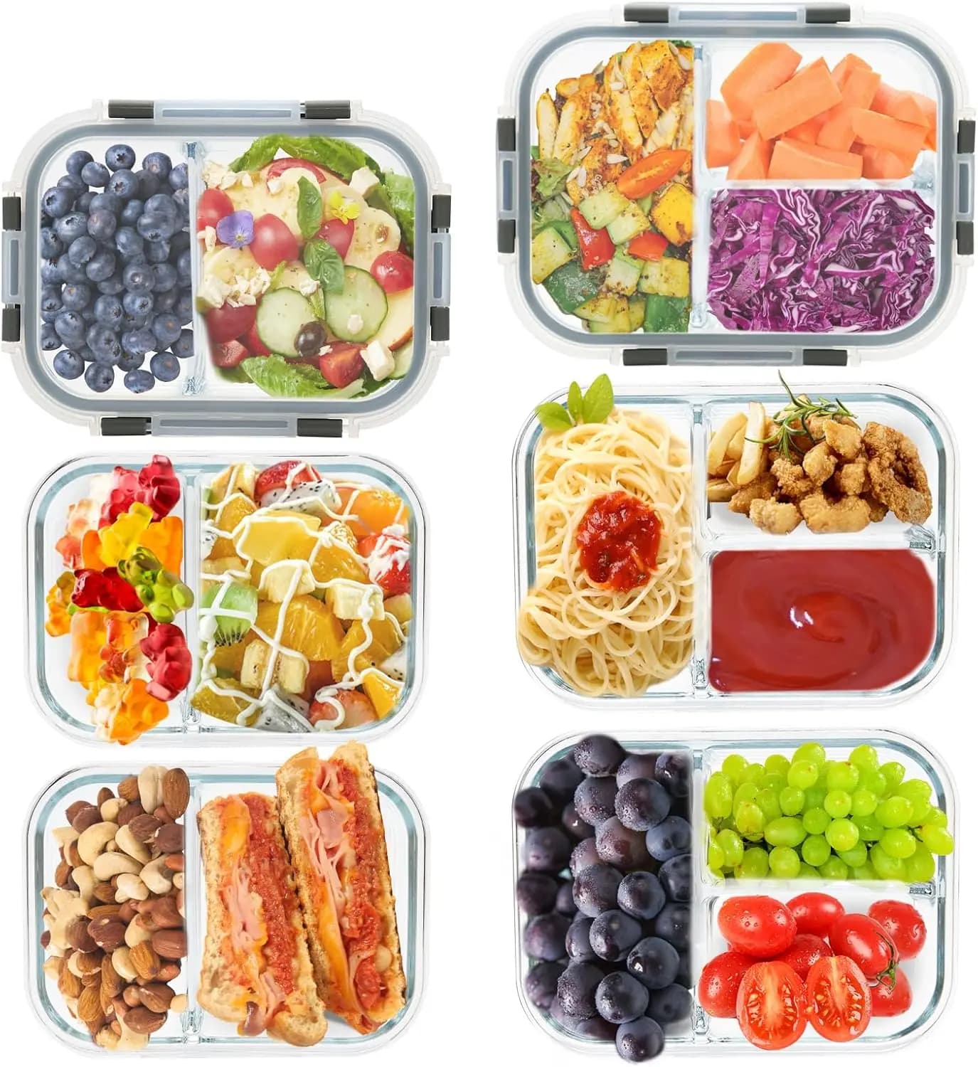 Contenitori in Vetro per Preparazione Pasti con 2 e 3 Scomparti e Coperchi, Scatola Bento per Controllo Porzioni, Adatti da Freezer a Microonde