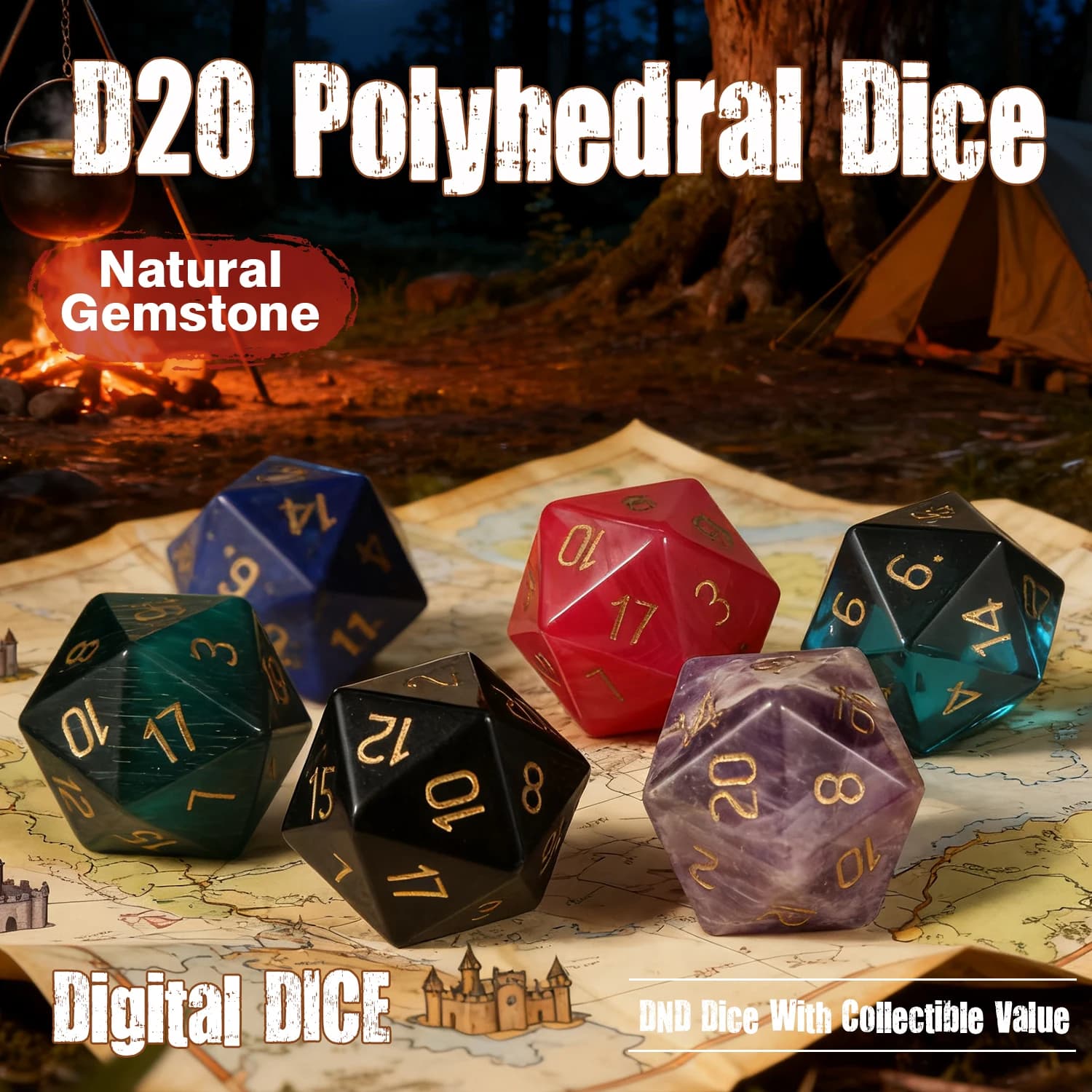 Popolari Dadi in Pietra Preziosa, Dadi Poliedrici D20 in Cristallo Naturale Agata Ossidiana, Dadi Digitali per D&D, DND, RPG, COC, Dungeons & Dragons