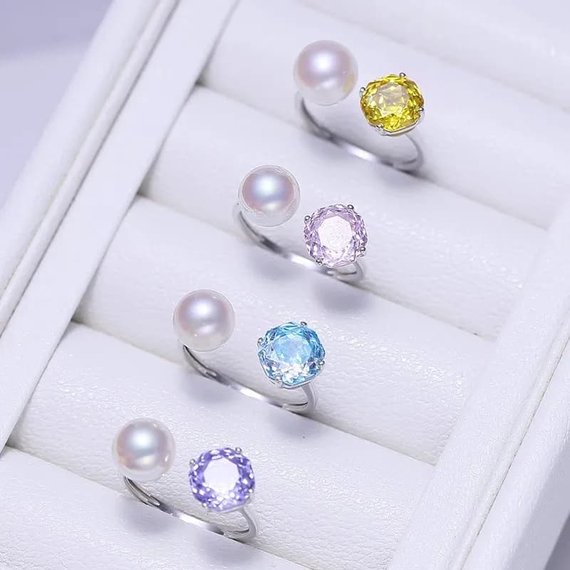 MeiBaPJ 8mm Natural Round Pearl White Zirconia Colorful Ring FAI FROM TE 925 Silver Support Bridal Jewelry Set For Women