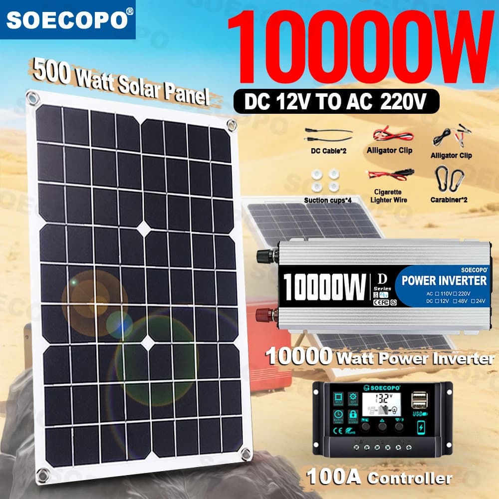 Kit solare SOECOPO 10000W con inverter da 12V a 110V/220V, pannello da 500W, regolatore da 100A, Plug and Play per kit di sopravvivenza, tenda, barbecue, feste e casa.
