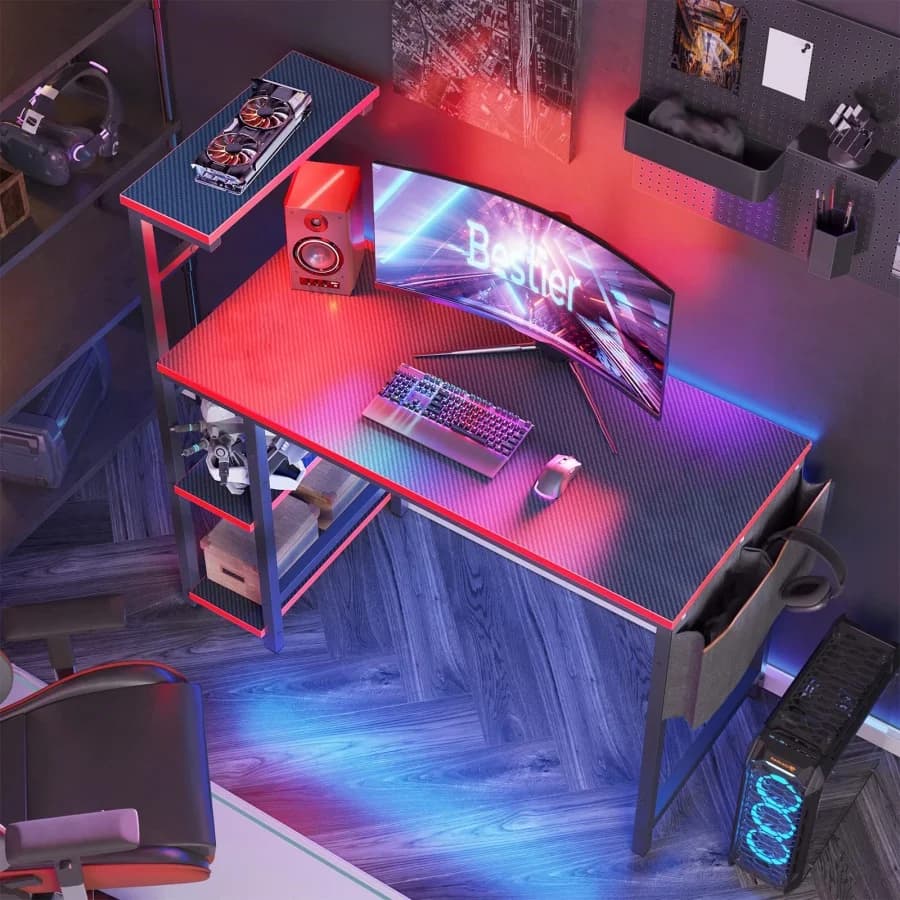 Scrivania da gaming con luci LED, scrivania per PC da 44 pollici per piccoli spazi, scrivania per computer con ripiani reversibili e vano laterale