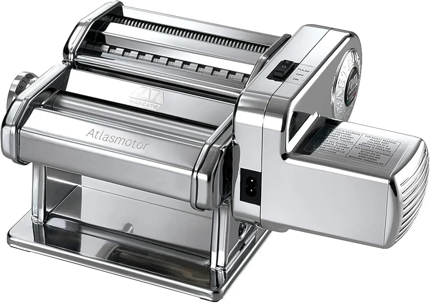 Macchina per Pasta Elettrica Atlasmotor 110V, Realizzata in Italia, Acciaio Cromato Il set include Atlas 150, manovella, morsetto, motore Pastadrive.