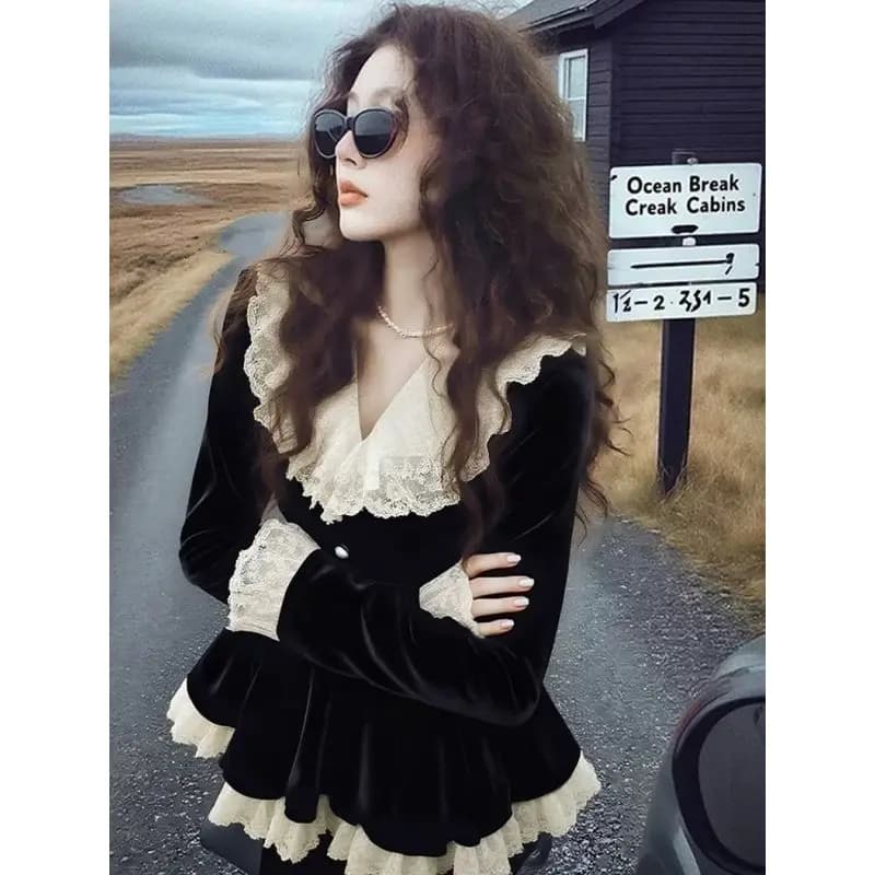 Top Elegante con Patchwork a Contrasto e Volant Plissettati, Abbigliamento Femminile Primavera Autunno, Nuova T-Shirt a Maniche Lunghe Elegante per Ufficio