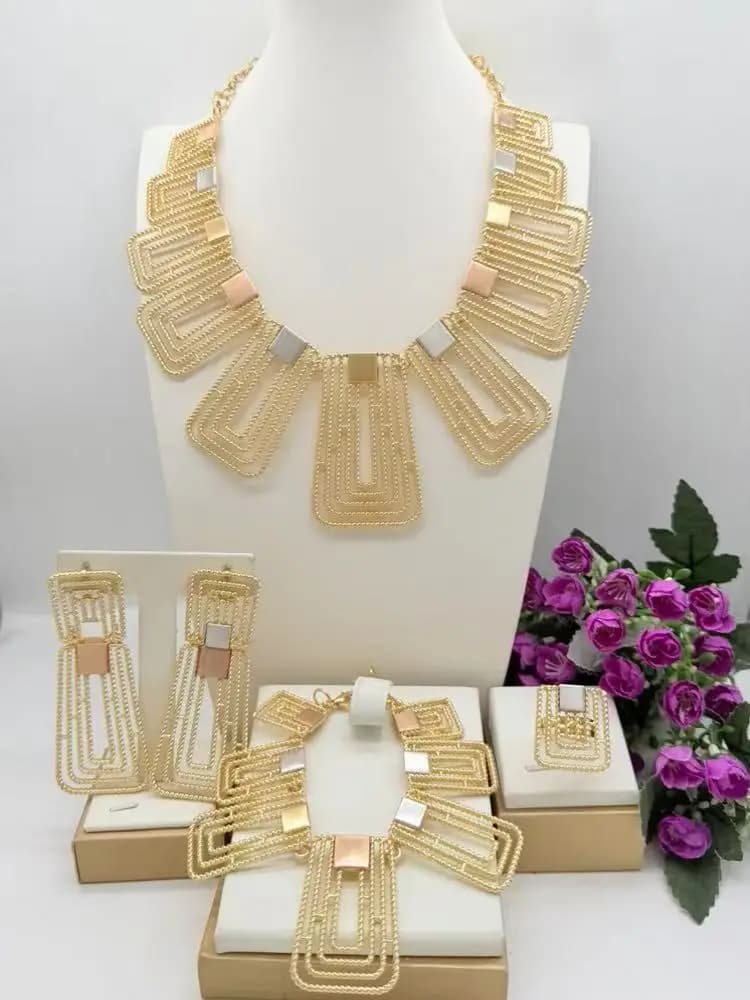 Fashion Hollow Geometric Three Tone Brazilian Jewelry Fancy llaveros Collar Pulseras pin Pendient tentacles Anillo 4PC Jewel Set