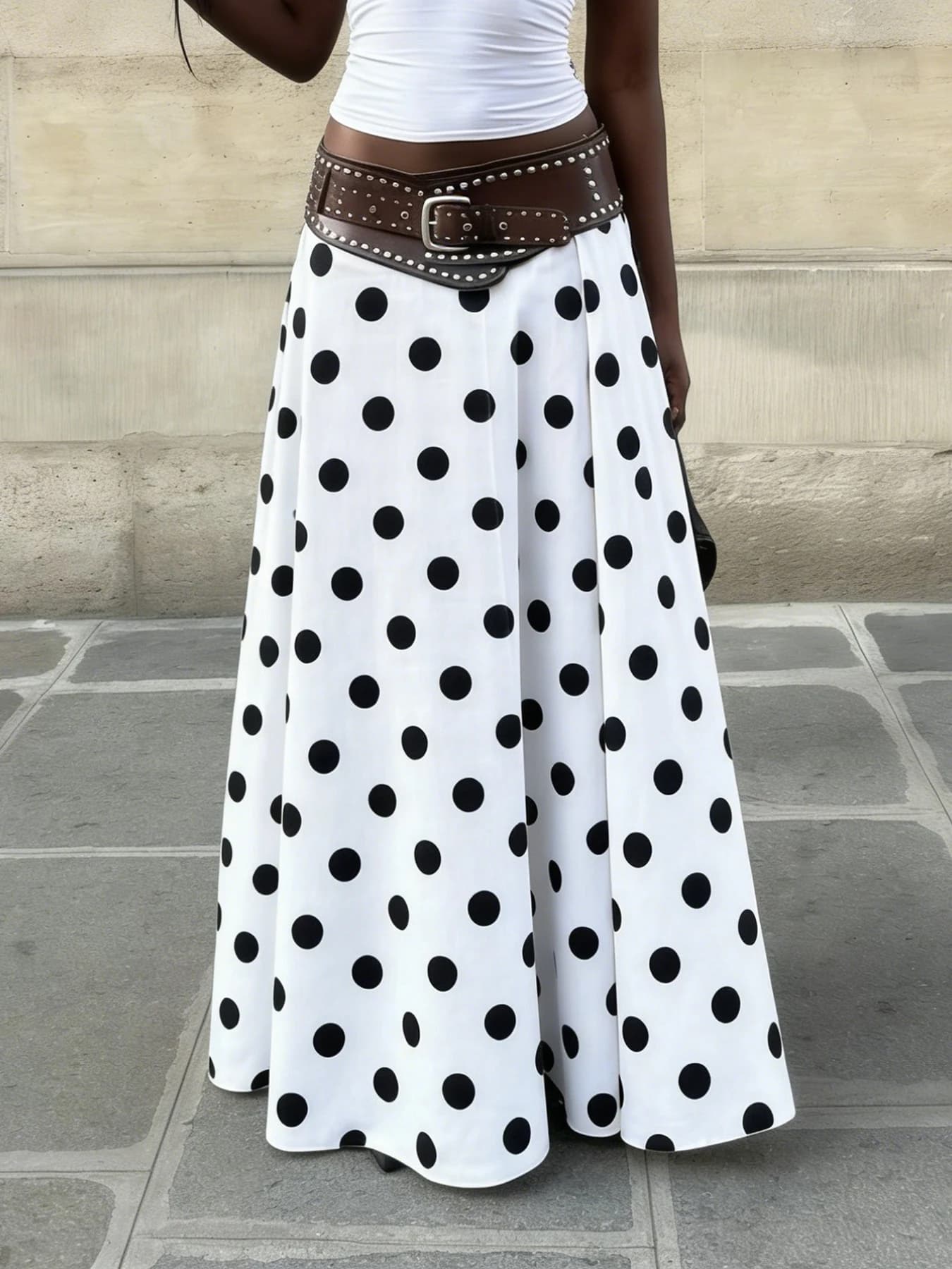 Elegant Color Block Large Polka Dot A-Line Skirt Casual Versatile Loose Slimming Long Midi Skirt by WEEKEEP Polyester Spandex
