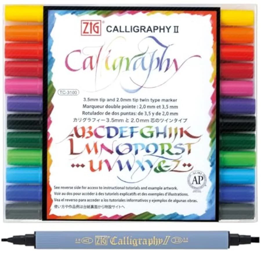 ZIG Calligraphy Marker Pens, set, 2mm and 3.5mm Dual Tip Markers, for Writing and Hand Lettering, for Professional, Beginner, W
