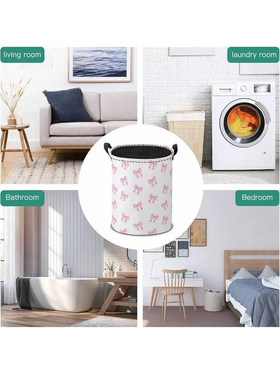 Pink Bow Laundry Hamper Basket,Cute Ribbon Bow Collapsible Portable Laundry Bag, Storage Bins Toys Storage Gifts Basket,