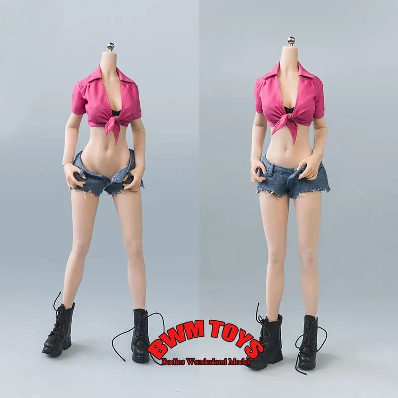 Disponibile in magazzino: Abbigliamento modello in scala 1/6 per action figure da 12'' - Top corto a maniche corte e jeans ultra corti per soldatessa sexy