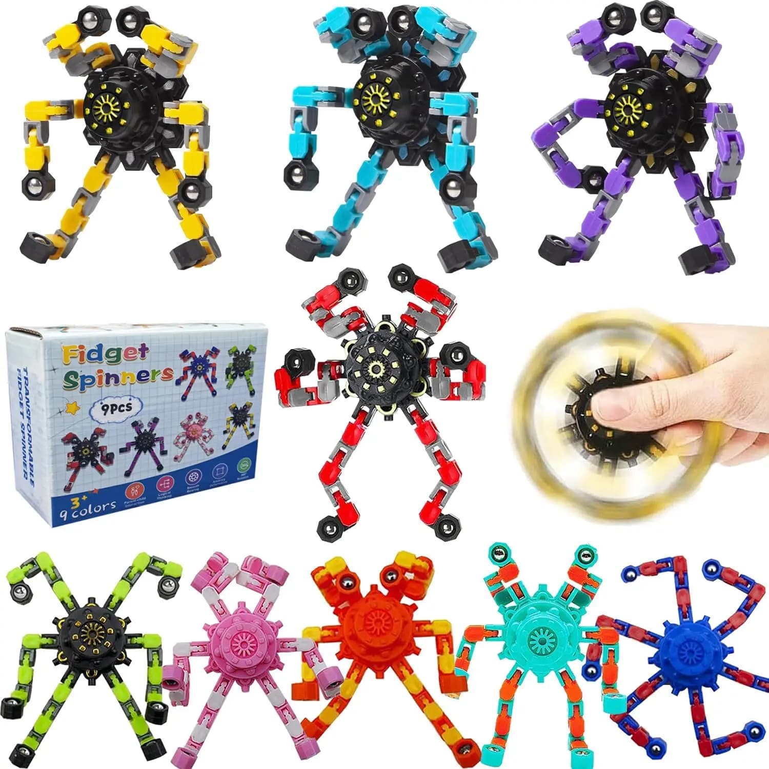 Set di 9 Fidget Spinner Trasformabili per Alleviare lo Stress, Giocattoli Sensoriali per ADHD e Autismo - Per Bambini e Adulti