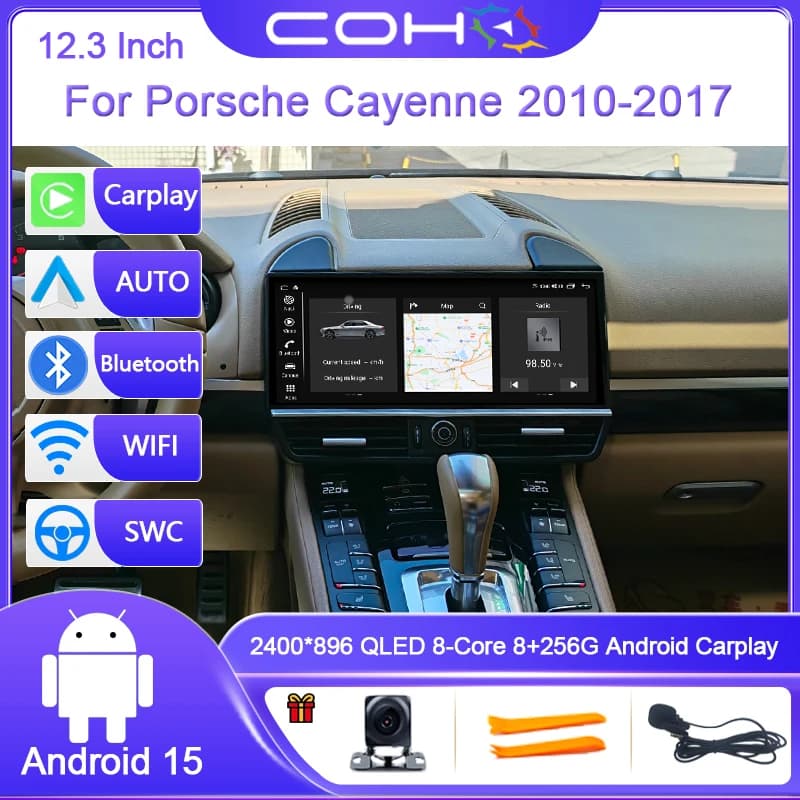 Autoradio Android 15 da 12,3 Pollici per Porsche Cayenne 2010-2018, 8-Core 8G+256G, Lettore Multimediale, Ricevitore Stereo, GPS, 4G, Carplay