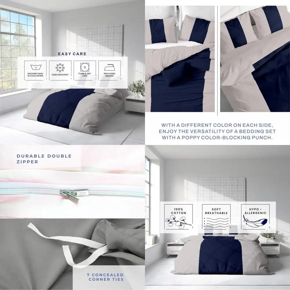 Copripiumino King Size 100% Cotone 600 Fili - Ultra Morbido, Resistente, Chiusura con Cerniera e Lacci (Blu Navy, 104x94)