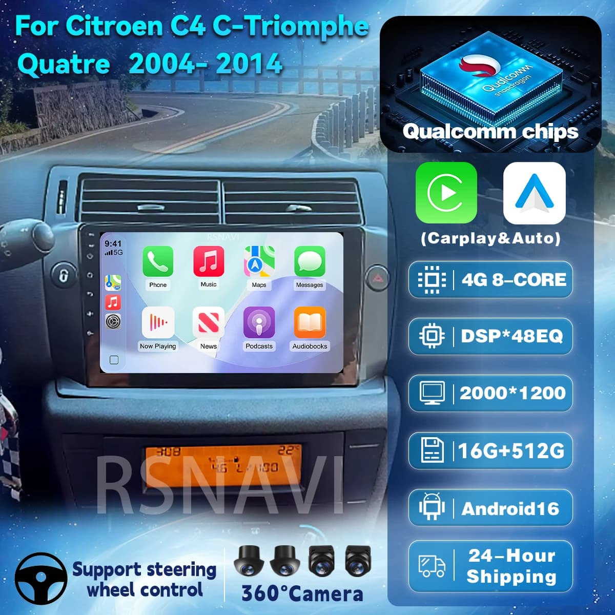 Autoradio multimediale Android 16 Qualcomm per Citroen C4 C-Triomphe Quatre 2004-2014 con Carplay wireless e DSP