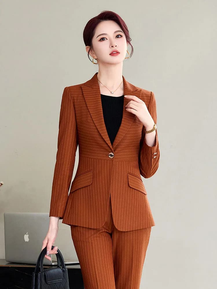 Caramel Green Striped Ladies Pant Suit 2025 Autumn Women Business Work Wear Single Button Jacket and Trouser Blazer 2 Piece Set