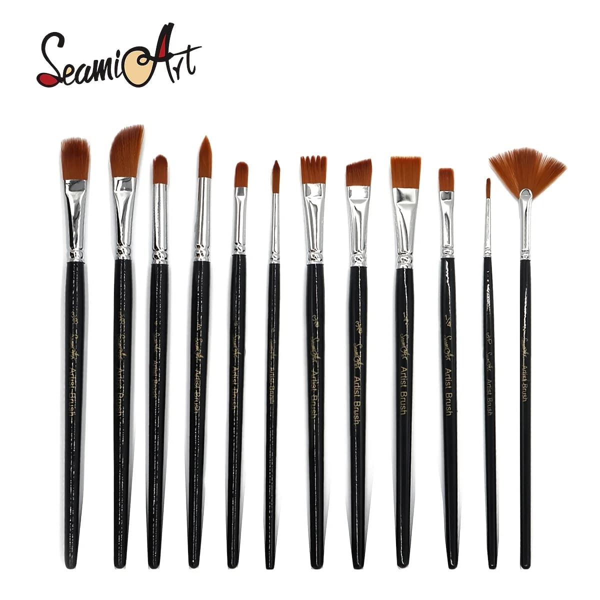 SeamiArt 12Pcs Different Shape Wood Nylon Hair Watercolor Paint Brush Set for Beginner Water Color Acrylic Oil Painting Brushes