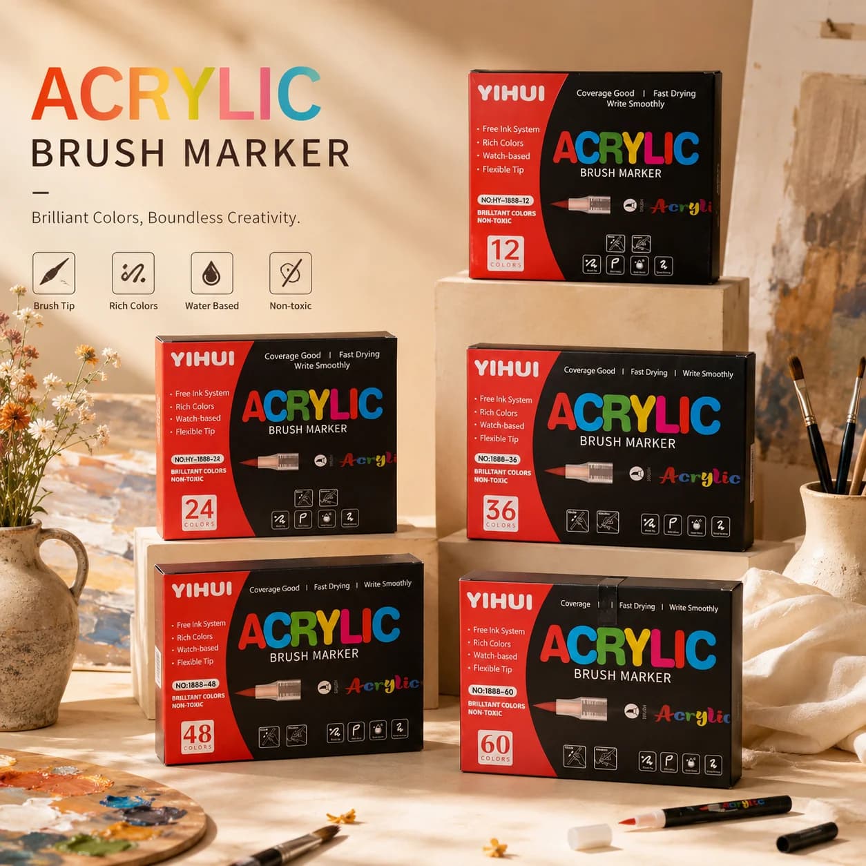 Acrylic Brush Markers Set 12/24/36/48 Colors Water-Based Paint Pens for Rock PaintingDrawing DIY Art Supplies Calligraphy Graffi