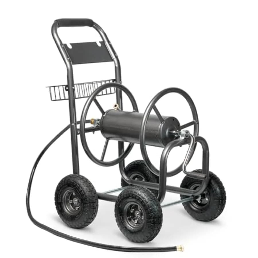 Carrello Avvolgitubo da Giardino Rinforzato per Irrigazione Esterna e Piantumazione, con Manovella Antiscivolo, 4 Ruote Pneumatiche, Grigio, Contiene Tubi da 300ft