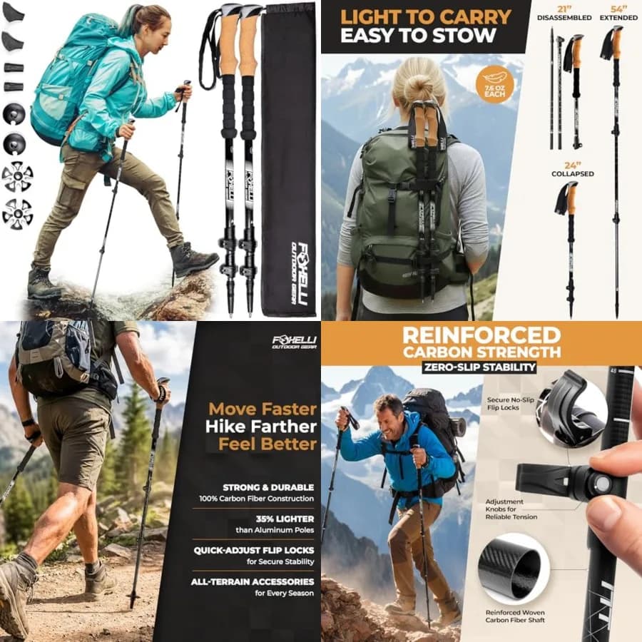 Bastoncini da Trekking in Fibra di Carbonio Leggeri e Pieghevoli con Impugnature in Sughero, Chiusure Rapide, Accessori per Tutti i Terreni Regolabili